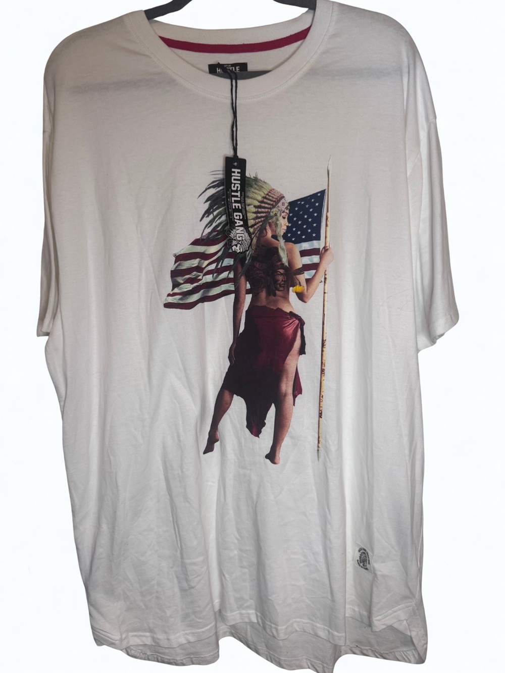 Hustle Gang White Short-Sleeve Tee with Multicolor Native & Flag Graphic
